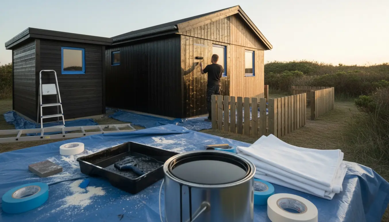 Sommerhus, skur og terrassehegn i træ, hvor en maler påfører mat sort maling med værktøj og afdækning i forgrunden.