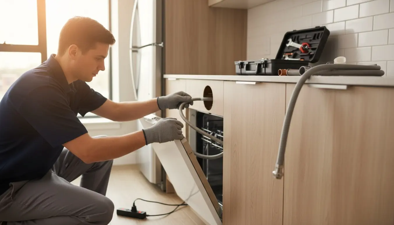 Autoriseret håndværker forbinder opvaskemaskine i et moderne køkken med åben skuffe, slanger og stikdåse ved køleskabet.