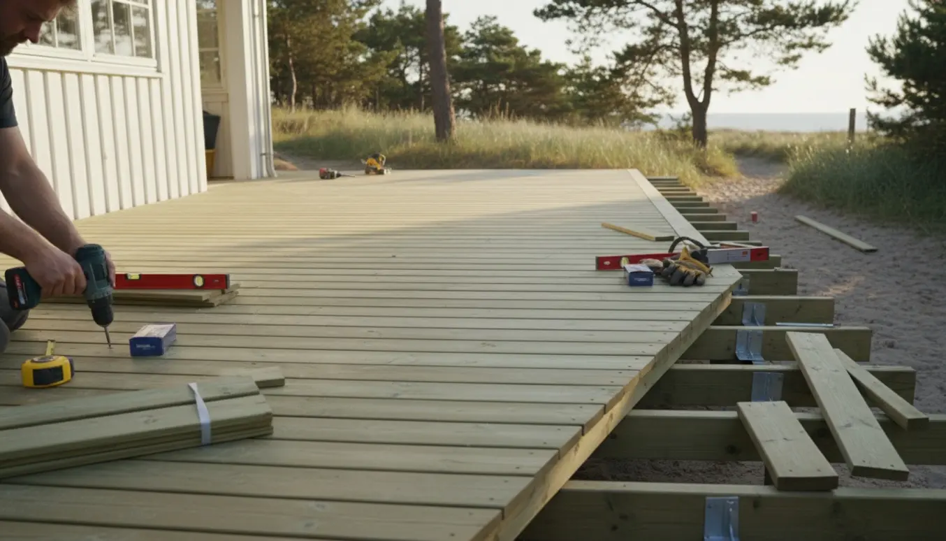 Nybygget trykimprægneret træterrasse ved et sommerhus med værktøj og håndværkerens hænder i arbejde.