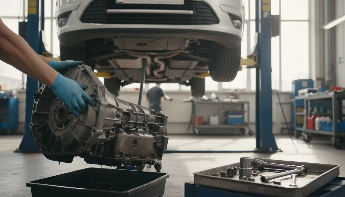 Gearkasse fjernes fra en 2010 Ford Galaxy i en lys garage med mekanikerens hænder og værktøj i fokus.