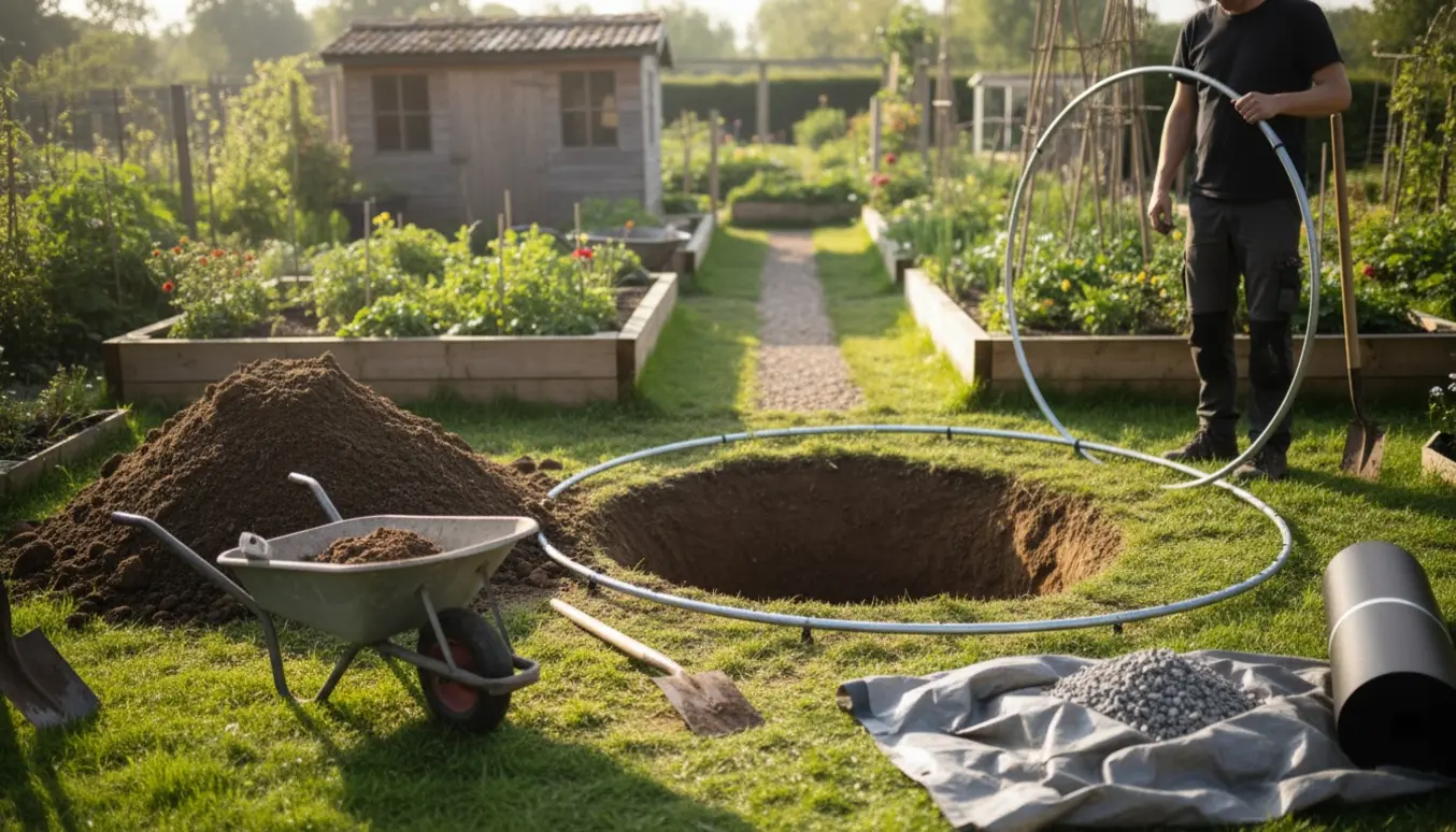 Installation af nedgravet trampolin i en kolonihave med ramme og værktøj ved et rundt udgravet hul.