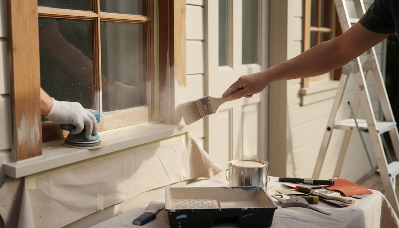 Udvendig maling af trævinduer og -døre med hænder, slibning og påføring af frisk maling.