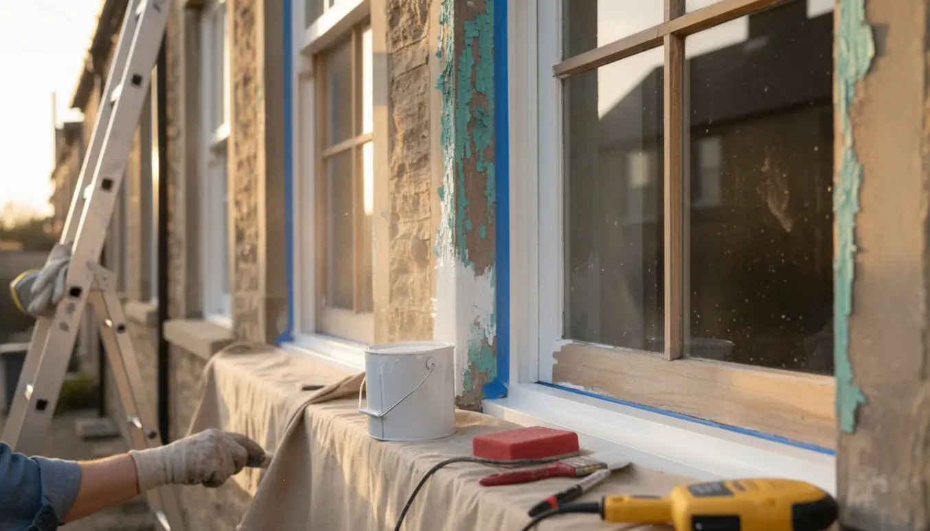 Udvendigt trævindue under slibning og maling med værktøj og frisk maling i nærbillede.