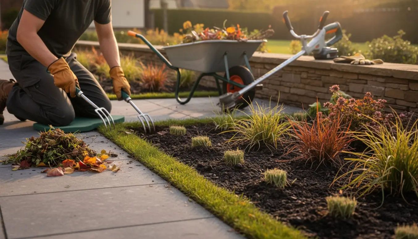 Rene havebede uden ukrudt med nyordnede græskanter og haveredskaber i varmt efterårslys.