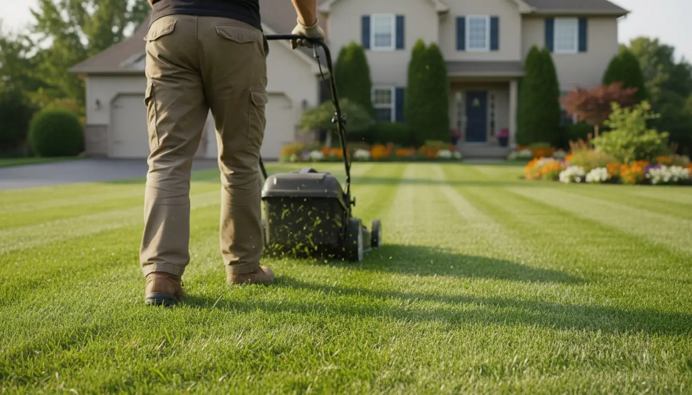 Person slår en stor, velplejet græsplæne med en plæneklipper, med synlige friske striber og klip.