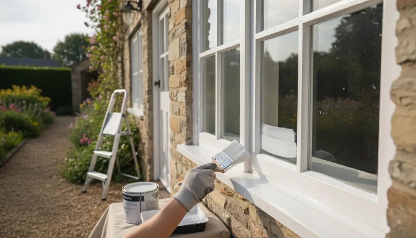 Håndmaler udvendige bondevinduer i hvid maling ved stueplan med pensel og malerspand i forgrunden.