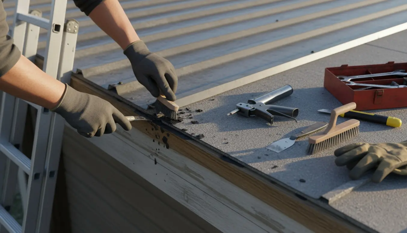 Nærbillede af forberedelse til reparation af fuge mellem tagplader og sternbræt på en dobbelt carport med værktøj og stige.