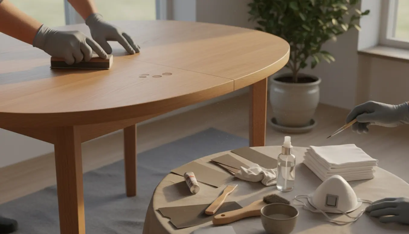 Nærbillede af en møbelreparatør, der forsigtigt sliber og forbereder et ovalt bøgebord til omlakering.