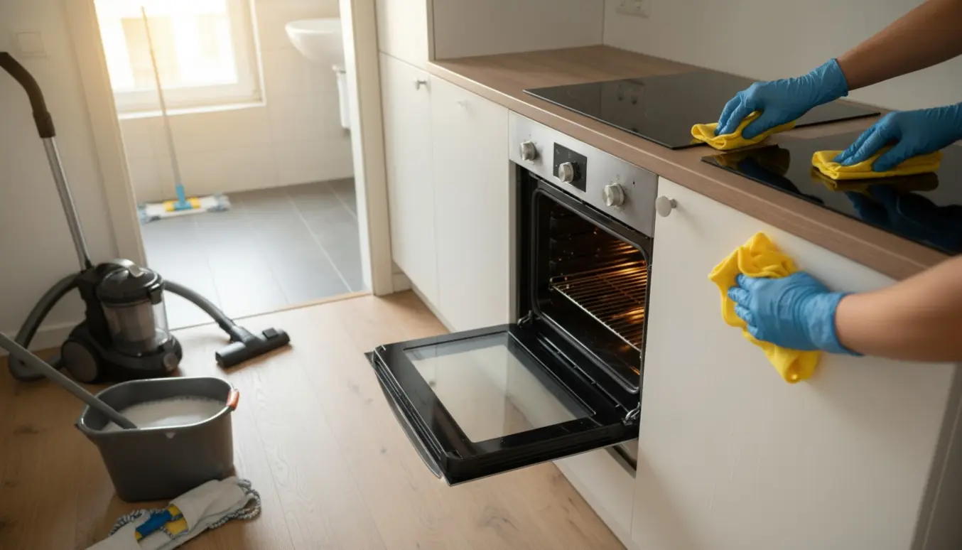 Hænder med gummihandsker rengør køkkenlåger, glaskeramisk kogeplade og gulv i en lille lejlighed.