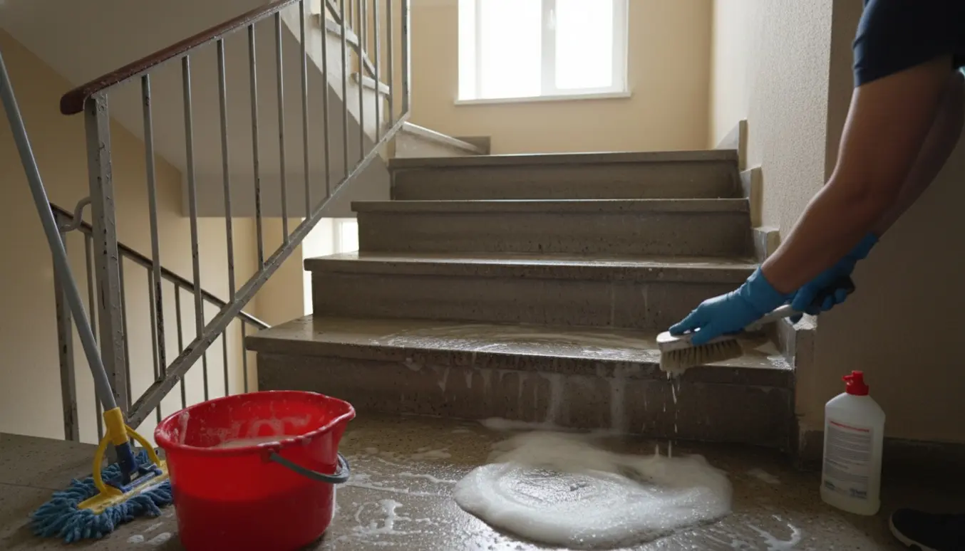 Hænder i gummihandsker skrubber et beskidt trappetrin med børste og spand i en lys to-etages opgang.