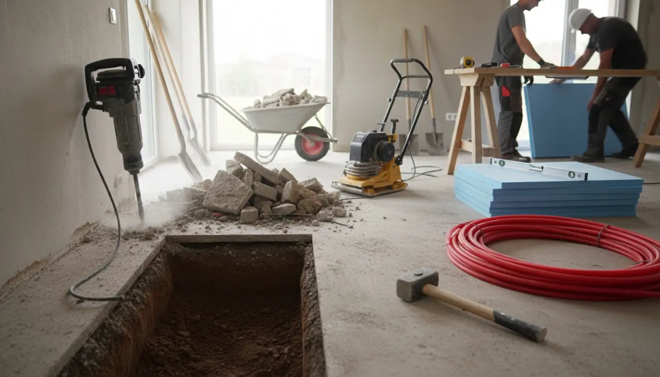 Indvendigt rum med brudt betondæk og udgravning klar til nyt gulvvarme, værktøj og slanger tæt ved.