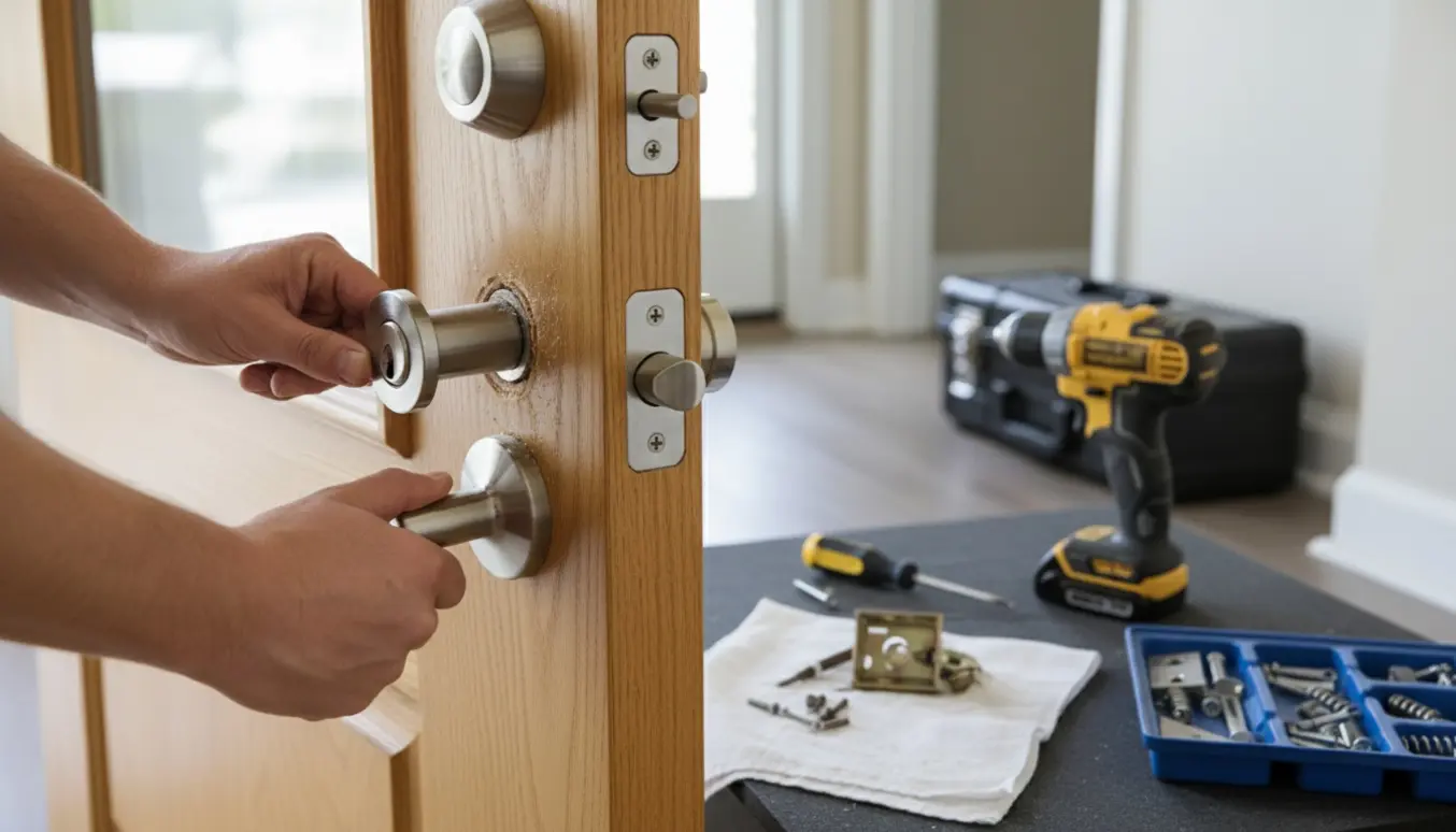Nærbillede af hænder, der monterer en ny lås i en trædør med værktøj og reservedele ved siden af.