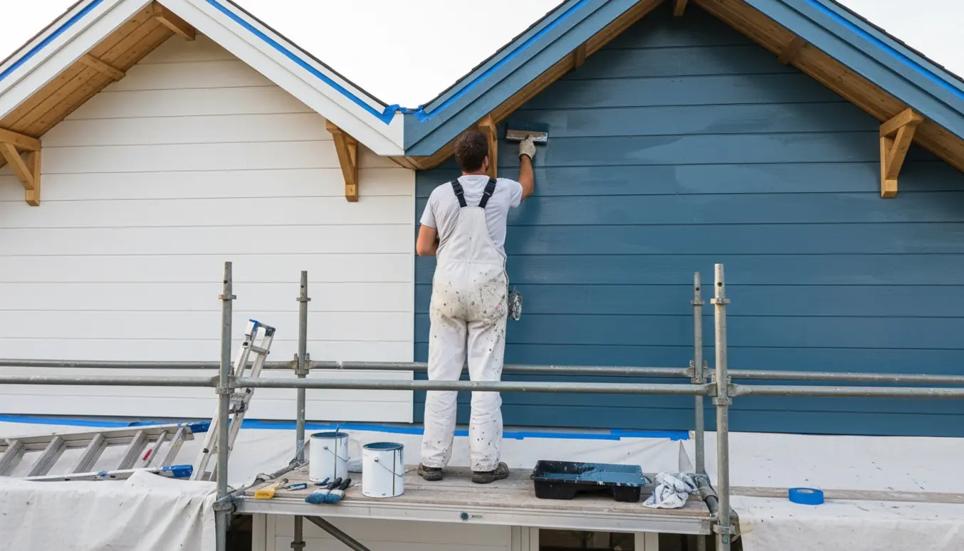 To høje trægavle på stillads set bagfra, hvor en maler påfører grunding og maling på træstubberne under taget.
