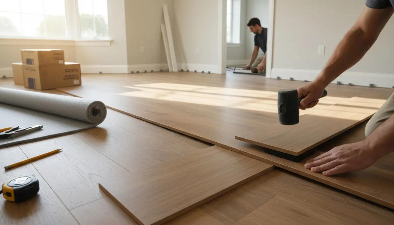 Hænder lægger klikgulv i en stue med planker, underlag og værktøj ved en døråbning.