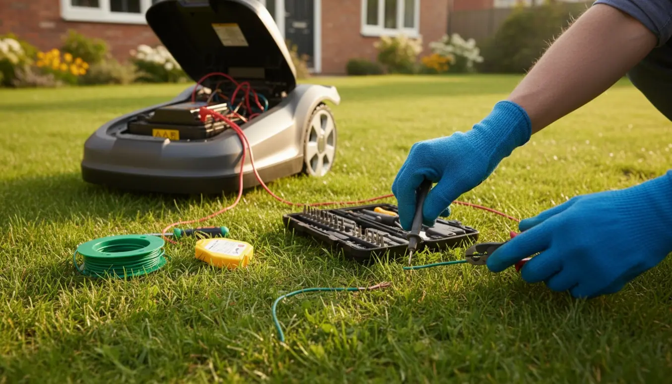 Hænder tester og reparerer brudt begrænsningstråd ved en robotplæneklipper med værktøj og ladestation i en velholdt baghave.