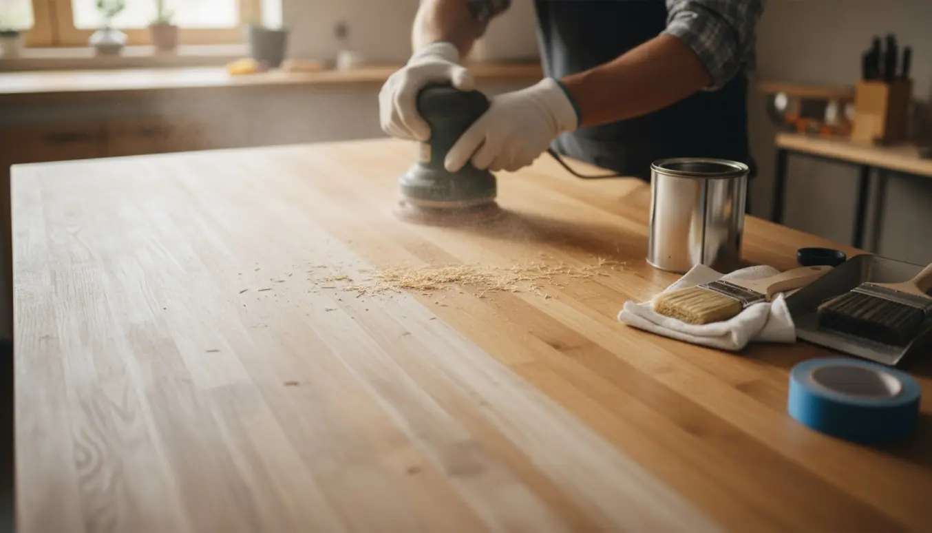 Nærbillede af en træbordplade, hvor en el-sliber fjerner misfarvninger, med olie og pensel klar til efterbehandling.
