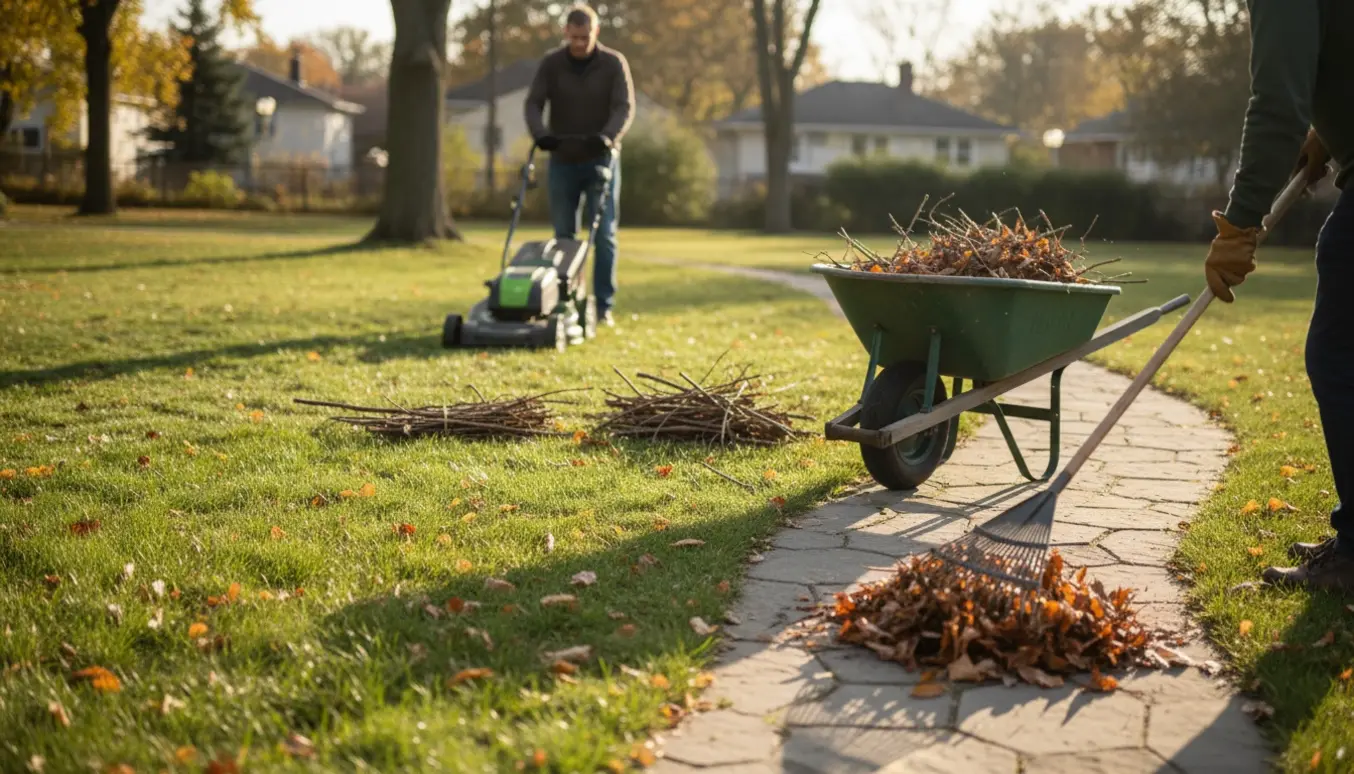 Sen efterårsgræsslåning med trillebør fyldt med grene og blade ved indgangen.
