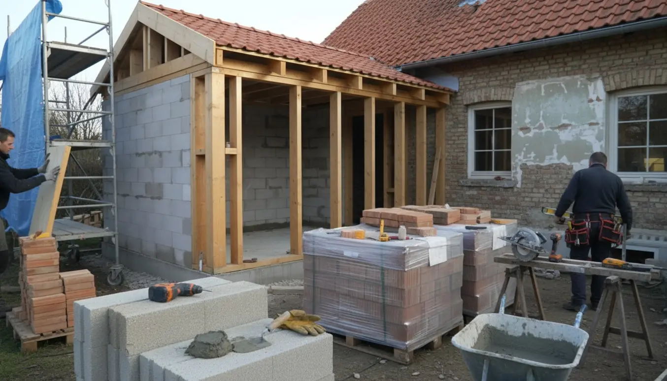 Halvfærdigt annex på færdigt fundament med træramme, gasbetonblokke og værktøj ved siden af hovedhuset.