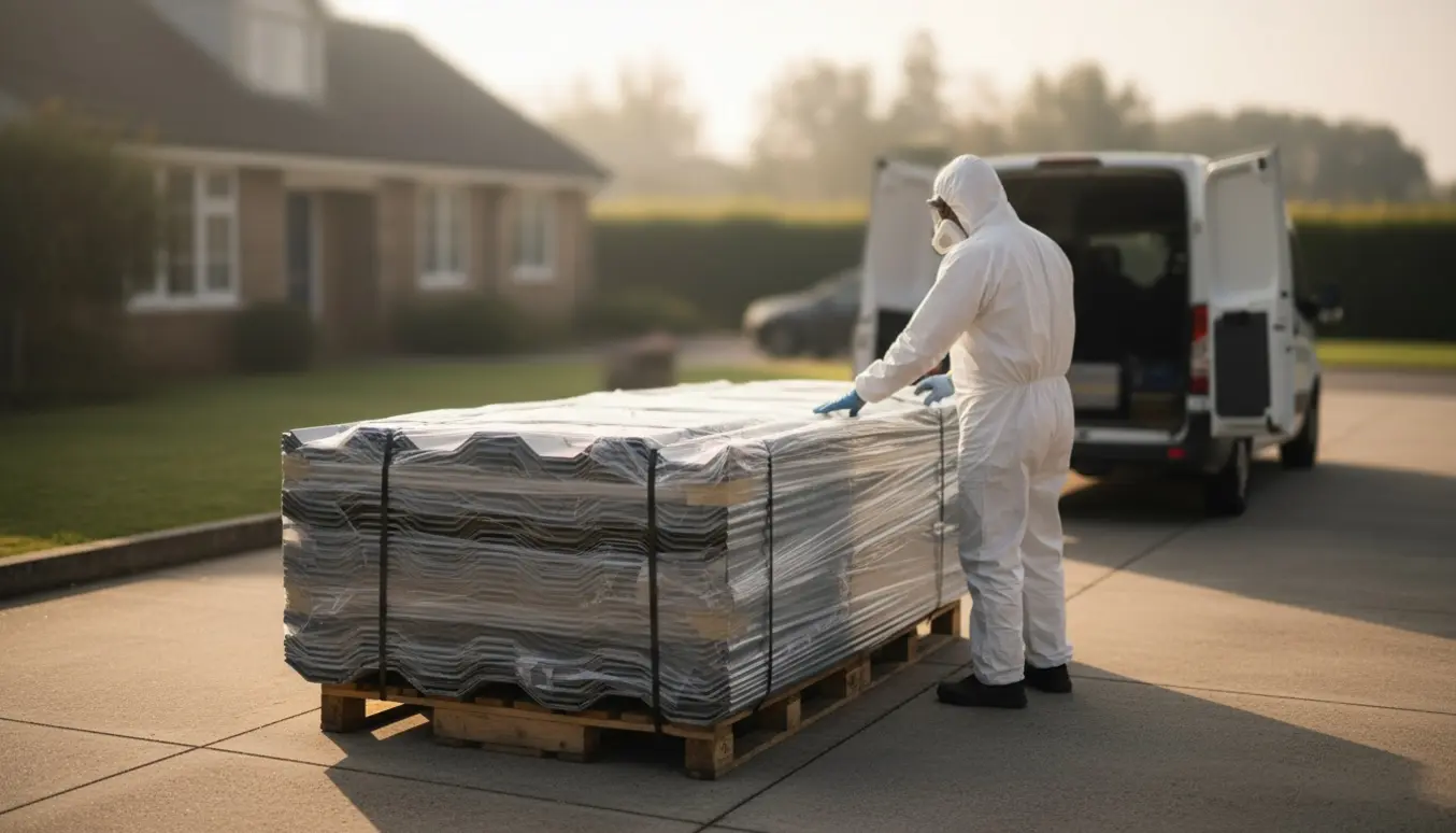 Indpakkede asbestplader stablet på en indkørsel klar til afhentning med en arbejder i beskyttelsesdragt i baggrunden.