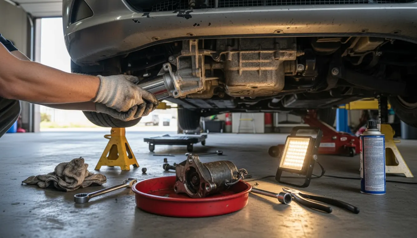 Hænder monterer en ny starter under en Ford Focus i en hjemmegara­ge.
