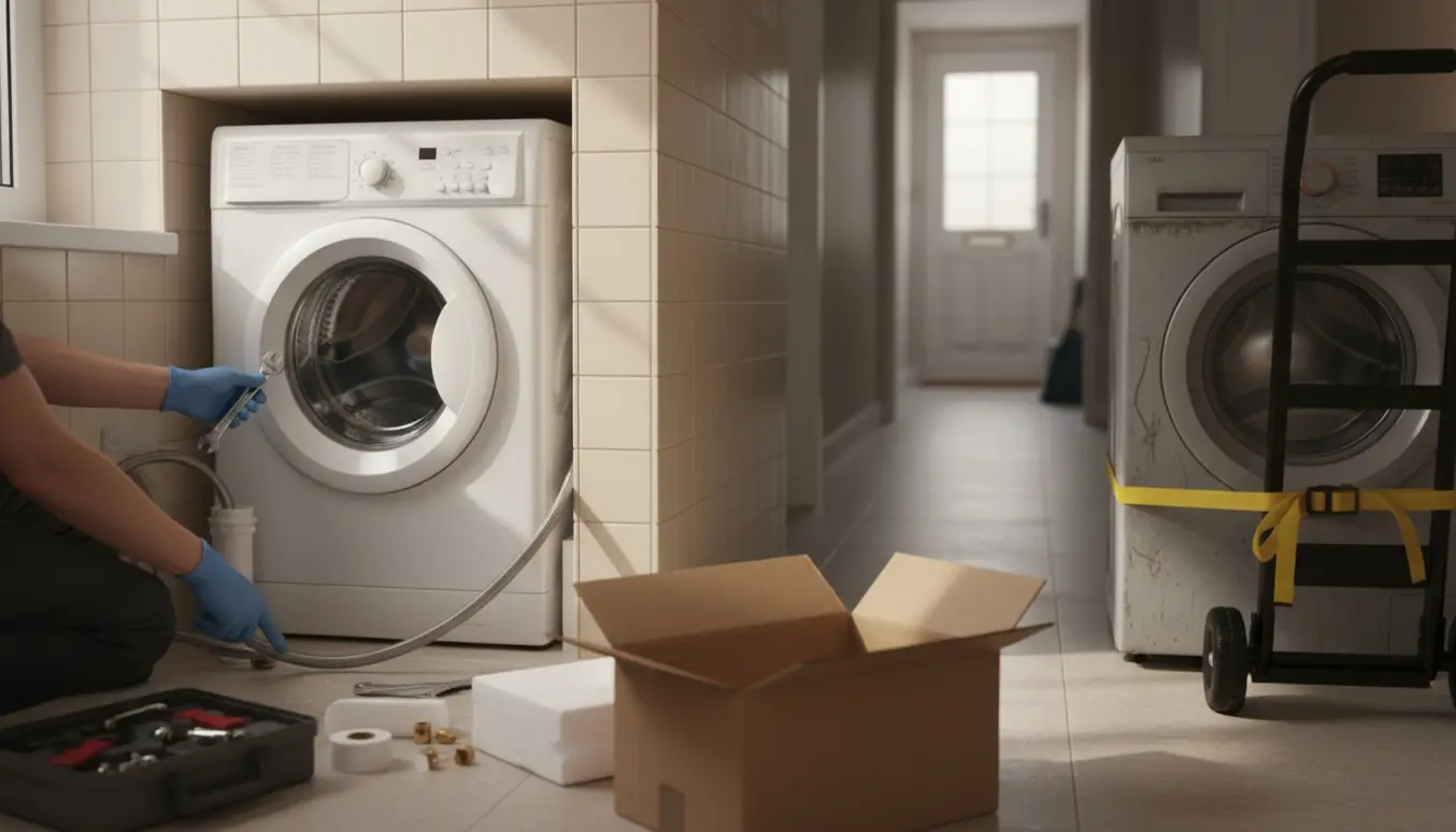 En hånd tilslutter slanger til en ny vaskemaskine i et rækkehuss hjem, mens den gamle maskine står på en sækkevogn klar til bortskaffelse.