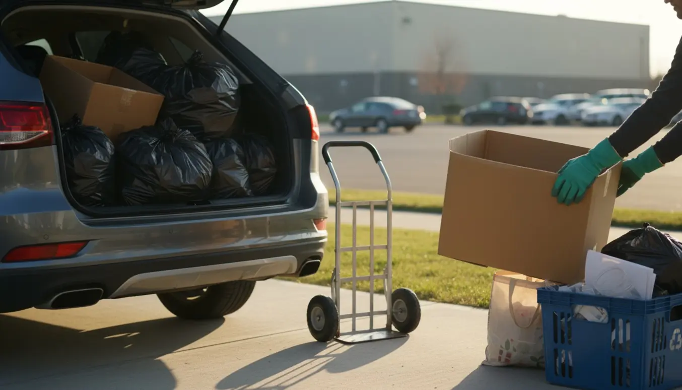 Åben bilbagager med skraldeposer, papkasser og handsker klar til aflevering på genbrugspladsen.