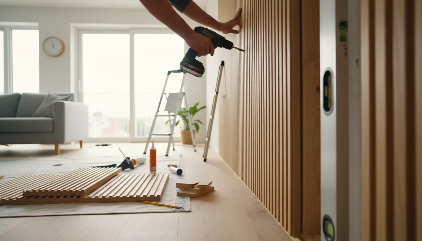 Hænder monterer rillepaneler på en lys stuevæg med værktøj og vaterpas.