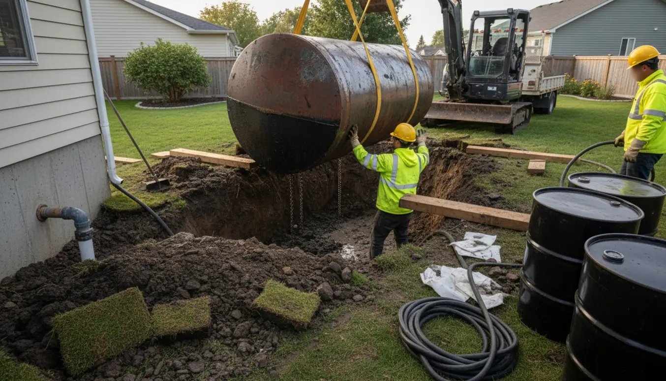 Udgravning og fjernelse af en underjordisk olietank i en villahave med gravemaskine og sikkerhedsudstyr.