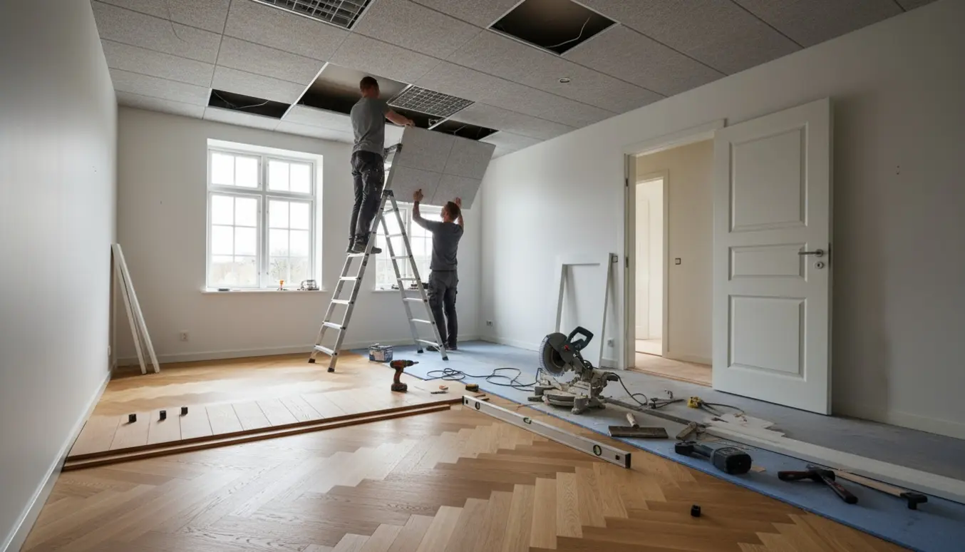 Renoveret soveværelse med troldtektloft under opsætning og delvist lagt sildebensgulv, værktøj og døre klar til montering.