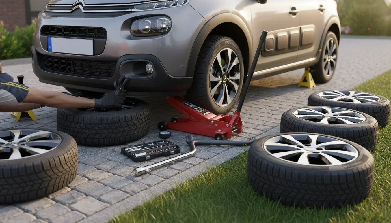 Handskerede hænder skifter sommerhjul til vinterdæk på en lille hatchback på en indkørsel med donkraft og værktøj.