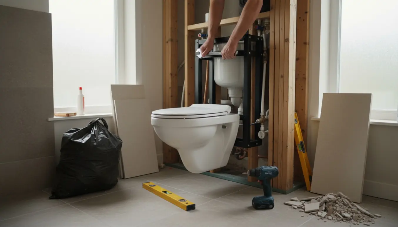Installering af væghængt toilet i et badeværelse med åben kasse, værktøj og affald klar til bortskafning.