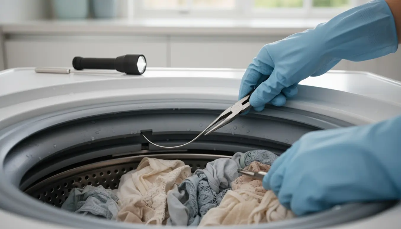 Hænder i gummihandsker trækker en metal-bh-bøjle ud af en åben vaskemaskinetromle.