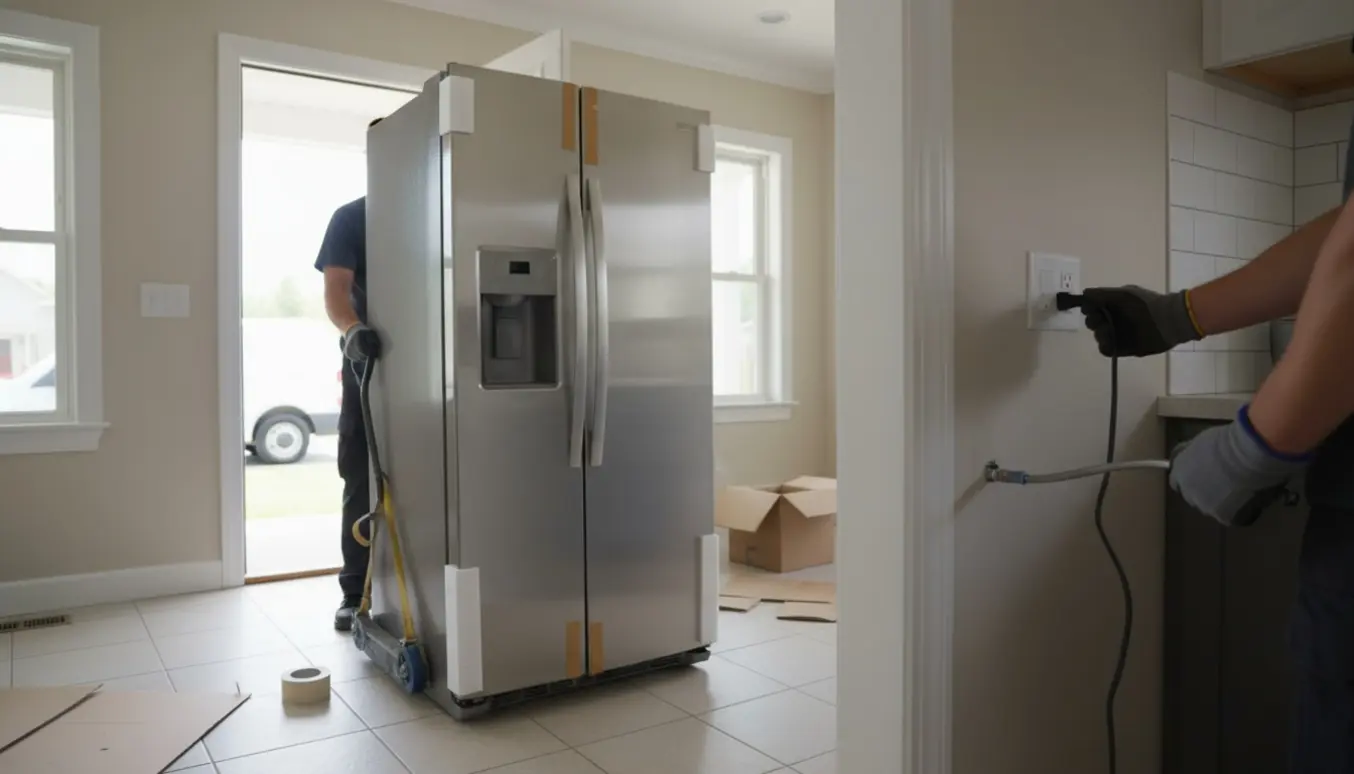 Nyt køleskab bæres ind i køkkenet af to personer med beskyttelse og værktøj klar til installation.