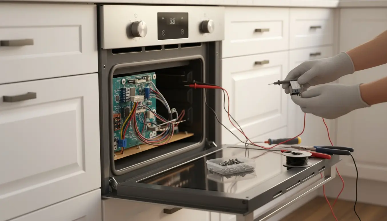 Tekniker i handsker reparerer en tre år gammel indbygningsovn med åben kontrolpanel og multimeter.