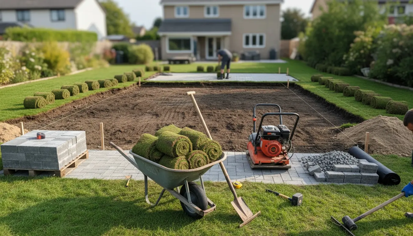 Havearbejde i forløb med fjernelse af jord og græs klar til fliselægning.