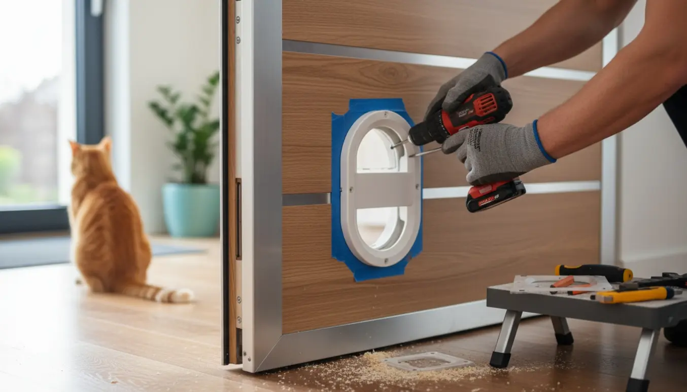Nærbillede af installation af en mikrochip-kattelem i en træ/alu-dør med værktøj og et nysgerrigt kat i baggrunden.