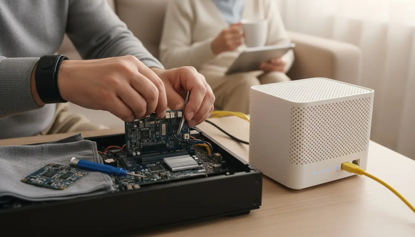 Tekniker arbejder med at sætte et Wi‑Fi-netværkskort i en åben pc med en router i baggrunden.