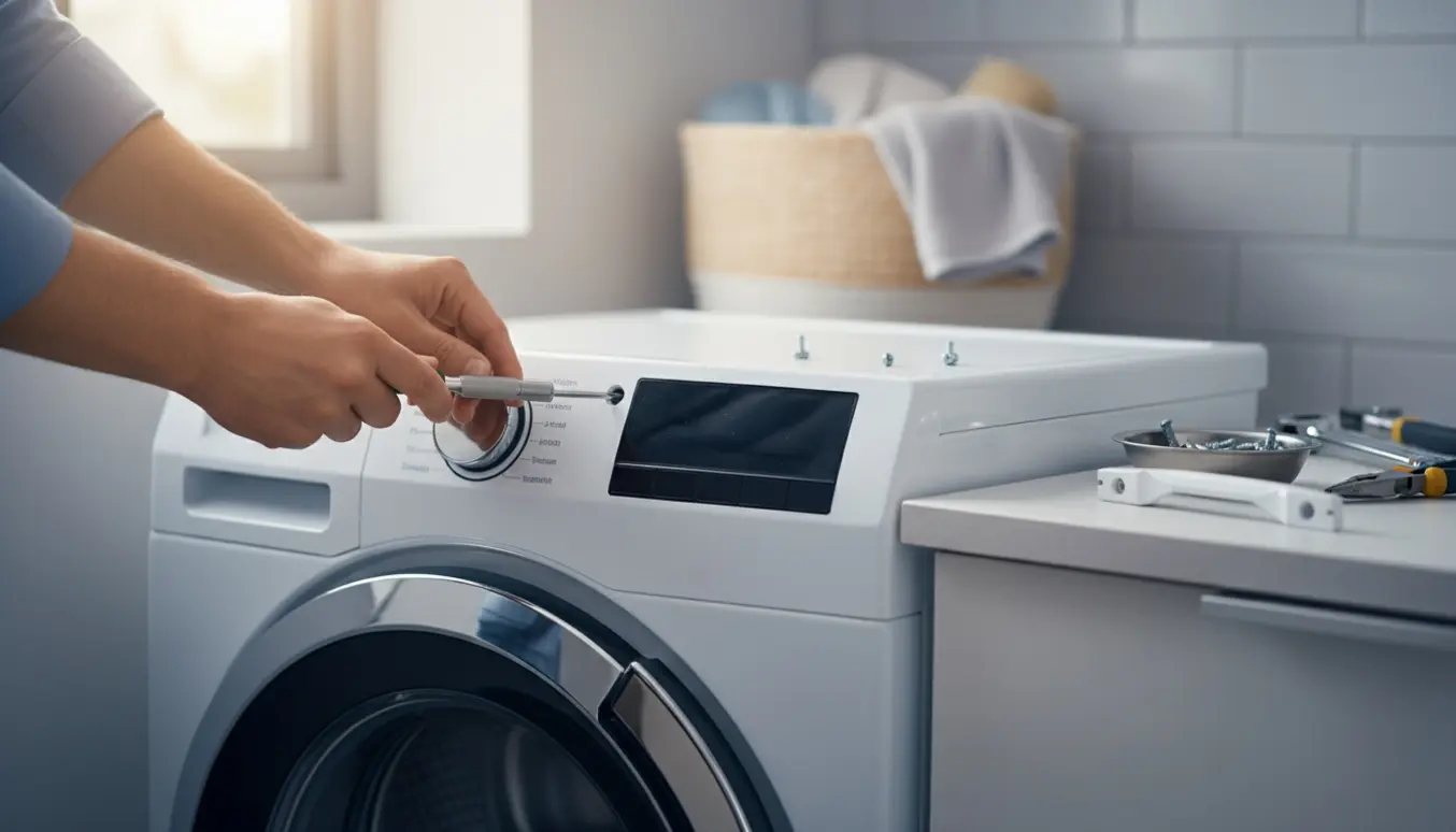 Næroptagning af hænder, der monterer et nyt håndtag på en frontbetjent vaskemaskinedør med værktøj ved siden af.