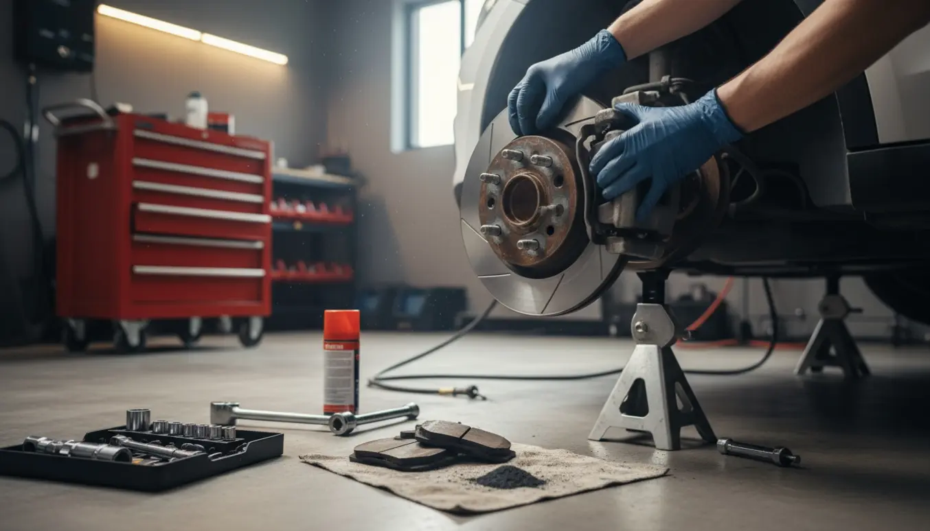 Mekaniker udskifter foraksens bremseskive med nye og gamle skiver ved siden af i et ryddeligt værksted.
