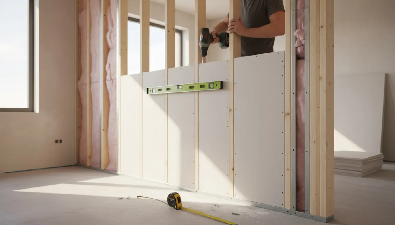 Hænder monterer en gipsplade på en ny skillevæg i et lyst rum.