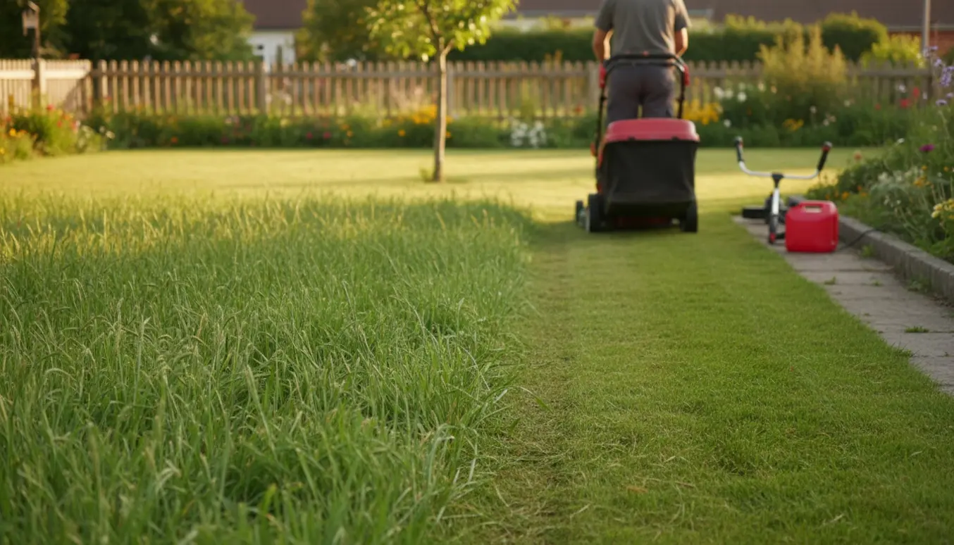 Fagperson slår højt græs i en ca. 15×15 meter have omkring et lille træ med en synlig nyklippet bane.