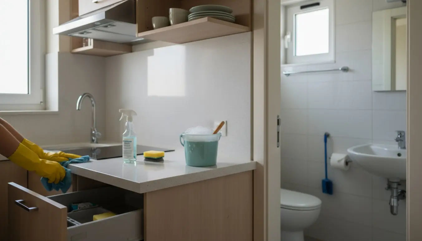 Handskerede hænder rengør et køkkenbord med rengøringsmidler fremme og et lille badeværelse med skinnende fliser gennem en åben dør.