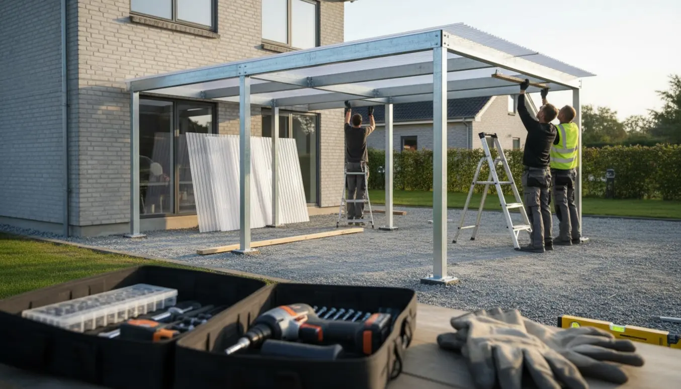 Delvist opbygget carport ved en dansk villa med værktøj og håndværkere med ryggen til.