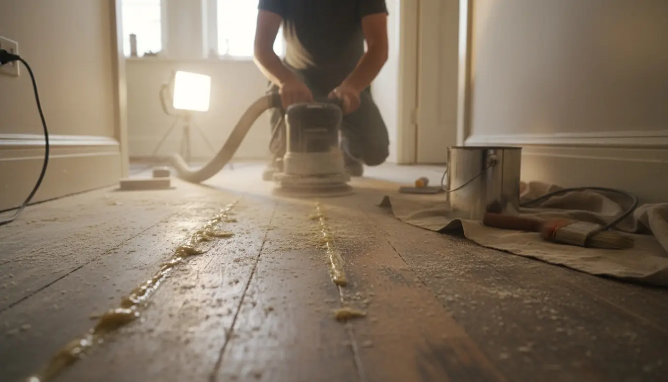 Slibemaskine og skrabere på et lille fyrretræsgulv med limrester i en smal entré klar til efterbehandling.