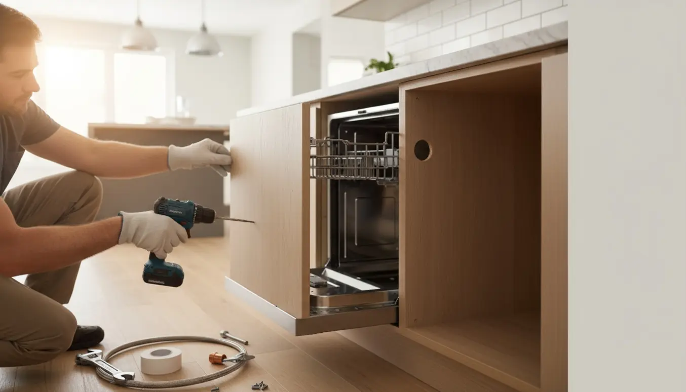 Nærbillede af installation af indbygget opvaskemaskine, hvor hænder monterer låge og borer hul til vandtilslutning i et lyst køkken.