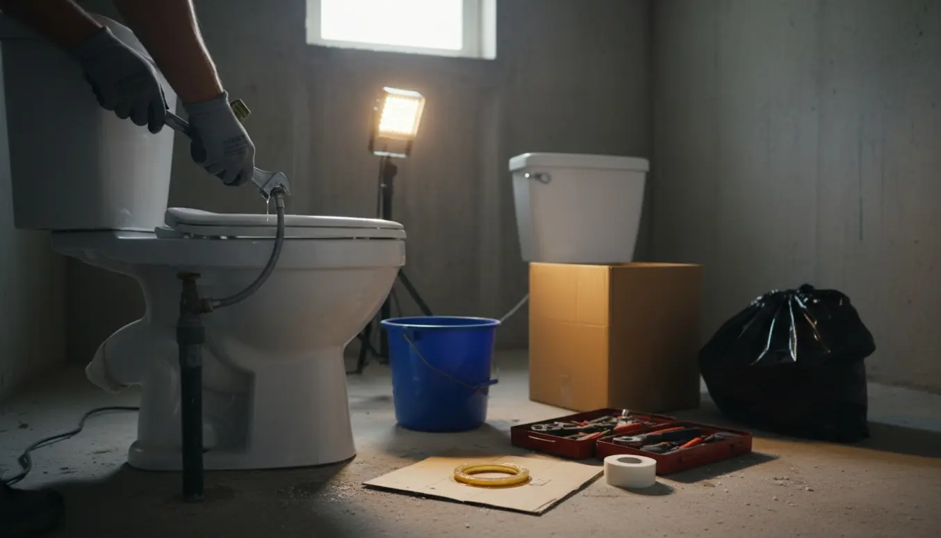Handværker fjerner et gammelt toilet i en kælder klar til montering af et nyt.