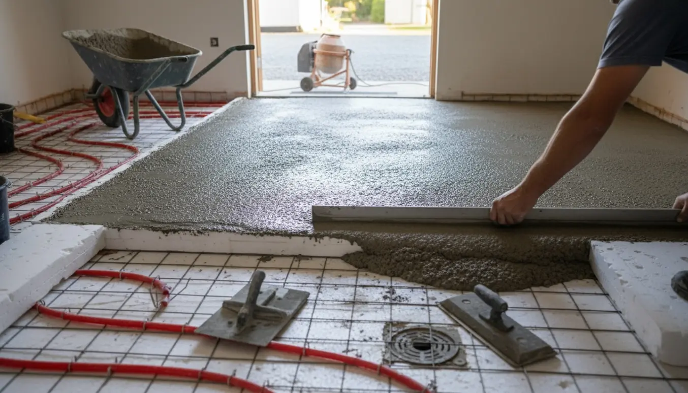 Indendørs foto af en nylagt betongulvsoverflade over flamingo og gulvvarme, hvor arbejdstøj og værktøj ses uden ansigter.