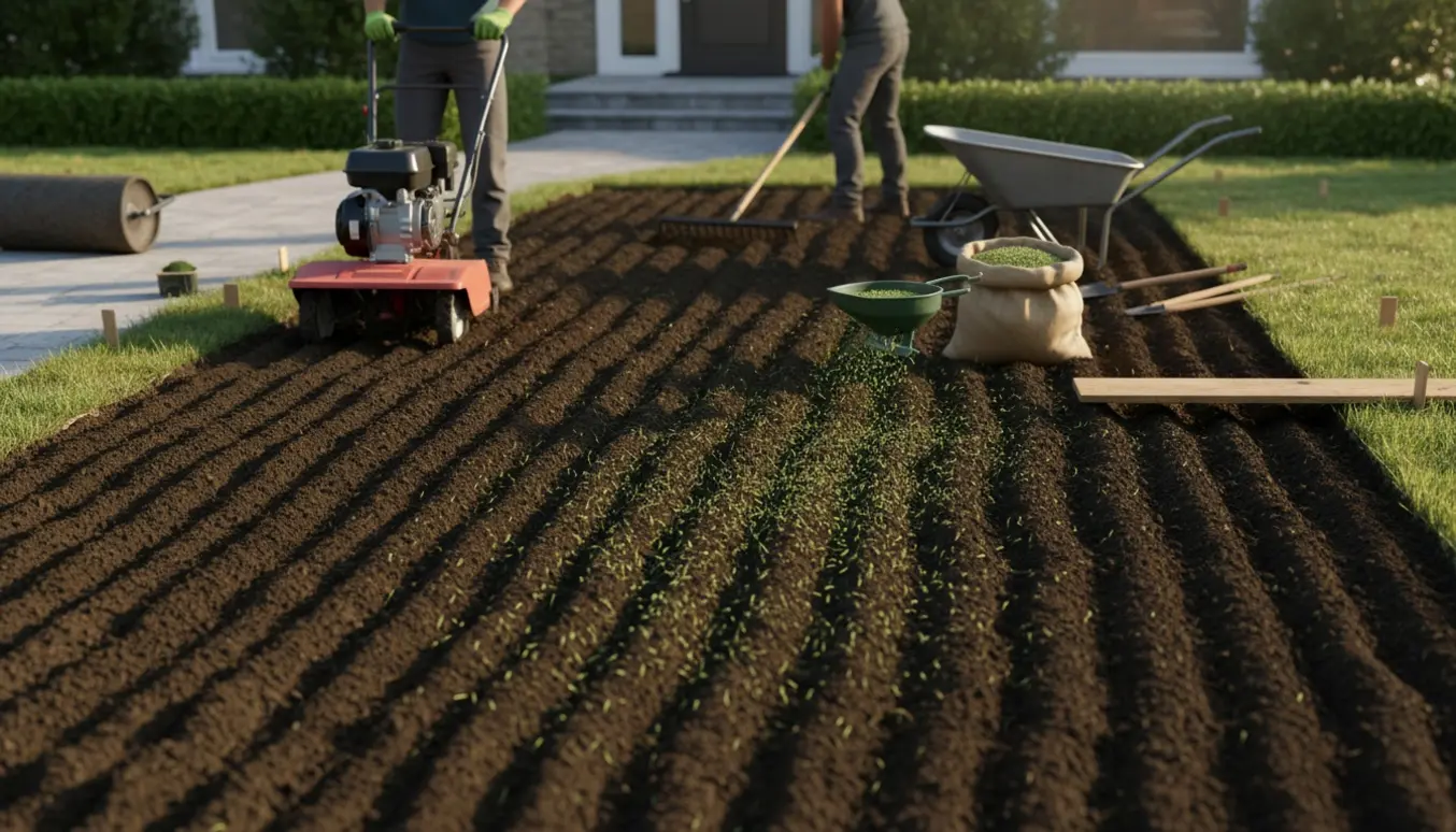 Forhave med fræset jord, rive, frøspredning og rulle klar til såning af nyt græs.