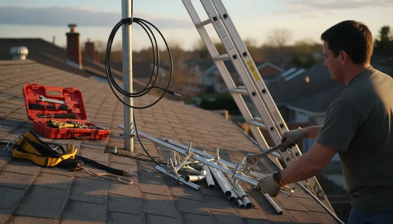 Hænder i handsker afmonterer en tv-antenne på et tag med værktøj og opbrydte metaldele.
