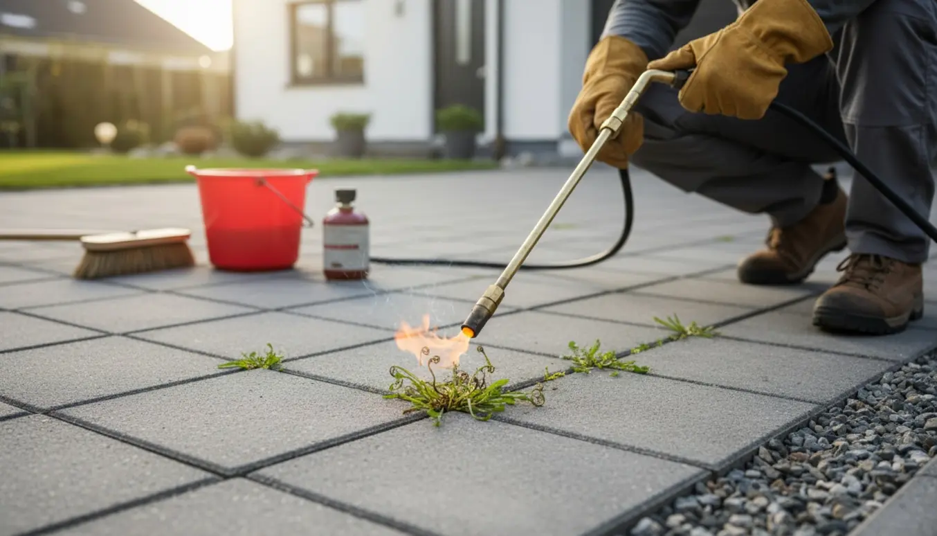 Ukrudt brændes væk mellem fliser på indkørsel og terrasse med en ukrudtsbrænder.